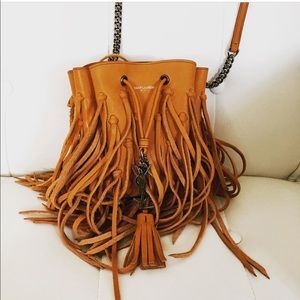 YSL Fringe Monogram Bourse Bucket Bag Leather Mini